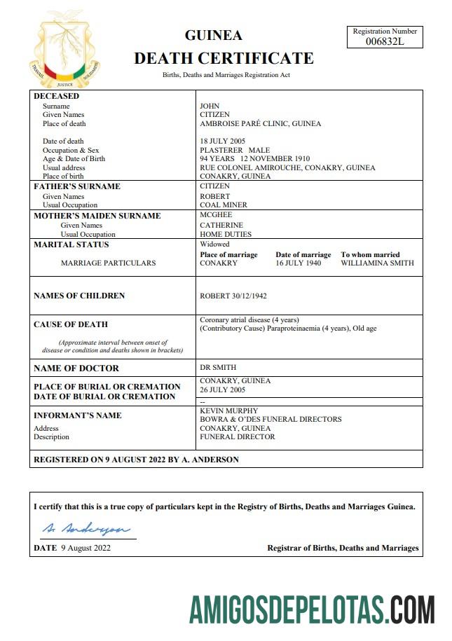 Realista modelo Word e PDF de certidão de óbito da Guiné,